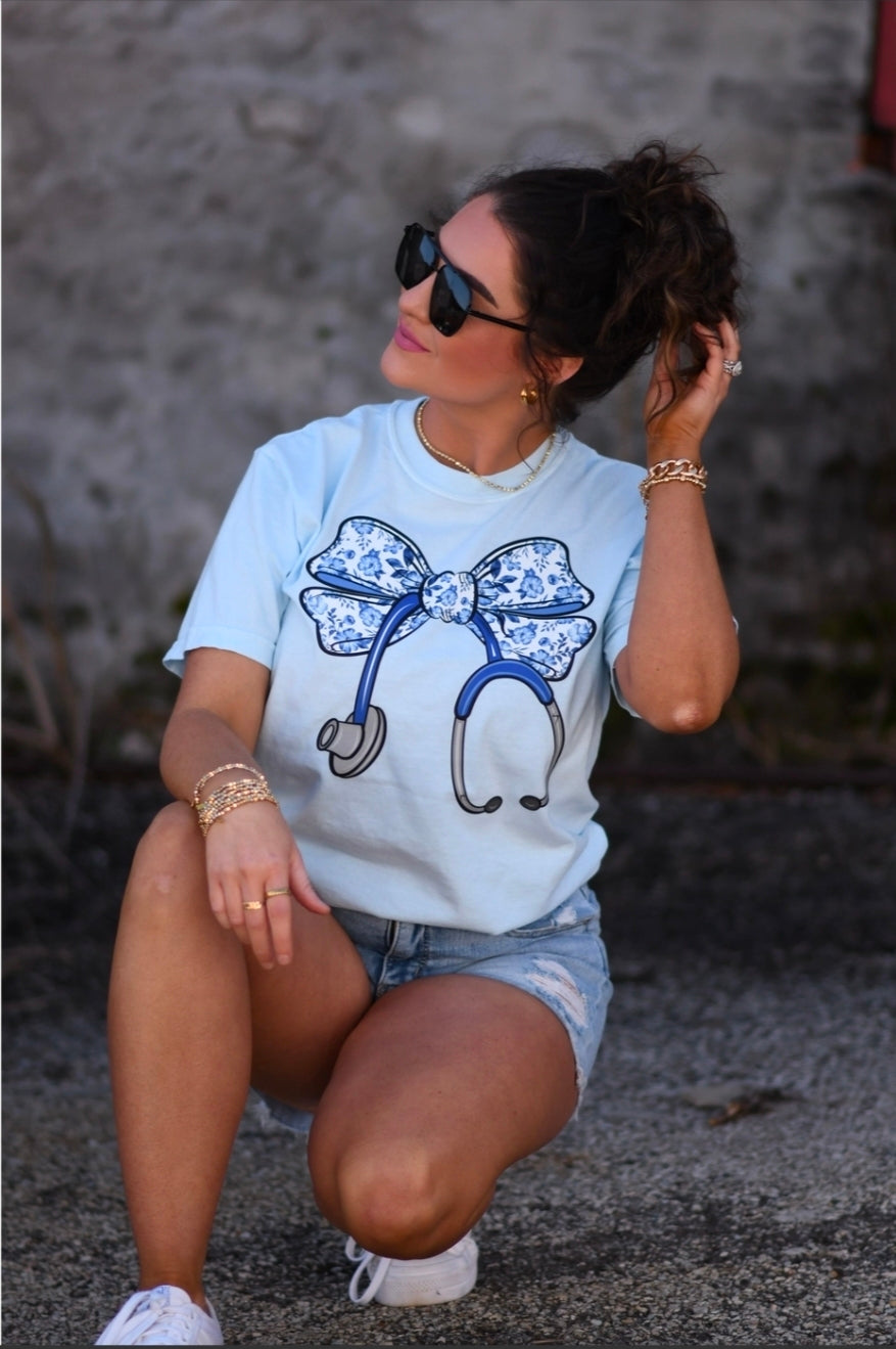 Floral Stethoscope Bow Tee